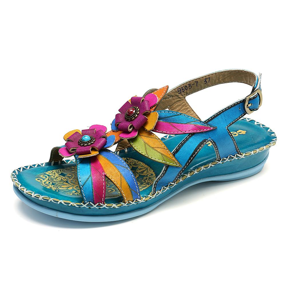 Genuine-Leather-Splicing-Hand-Painted-Retro-Floral-Stitching-Soft-Buckle-Strap-Sandals